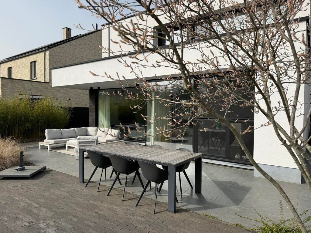 Design tuintafel met 6 stoelen in aluminium en teak - 240cm, Ophalen, Aluminium