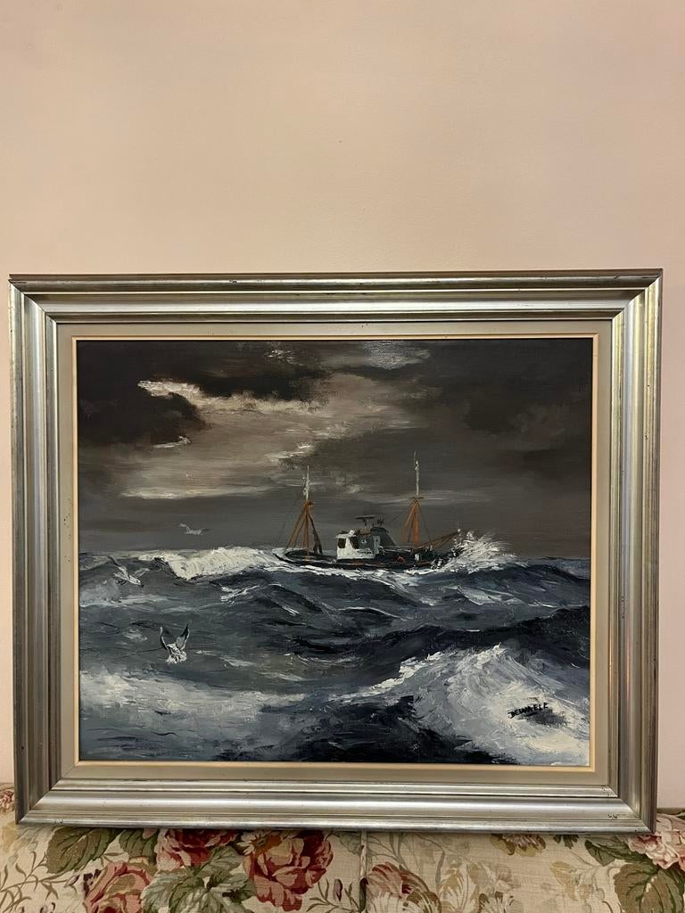 Vintage schilderij zee met schip olieverf gesigneerd Dewaele, Antiek en Kunst, Ophalen