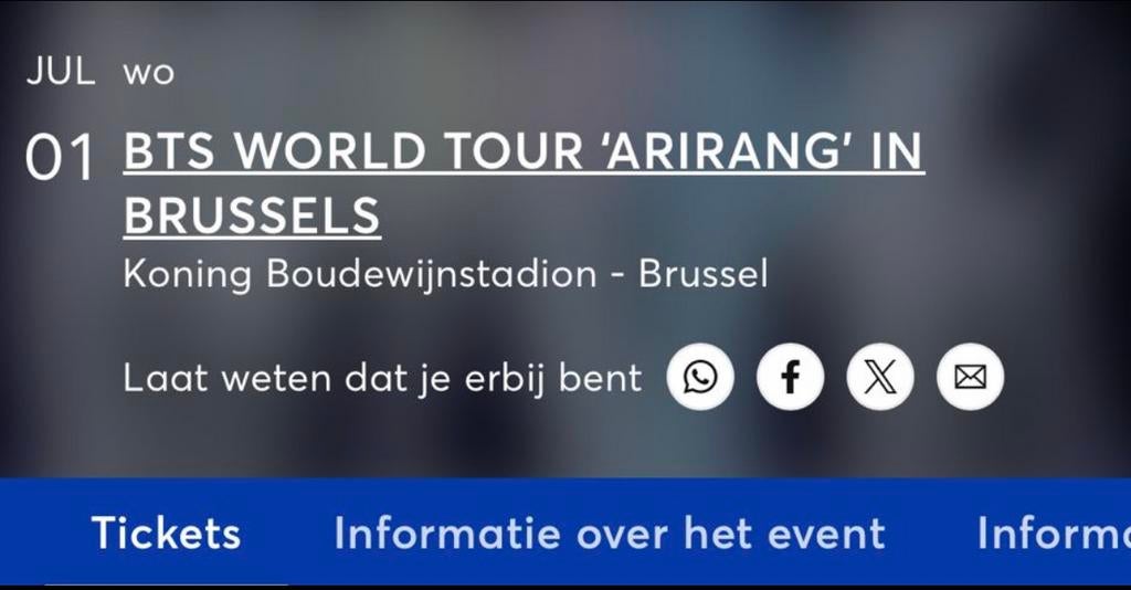 Billet BTS Brussels 1/07 Platinum, Tickets & Billets, Une personne, Juillet