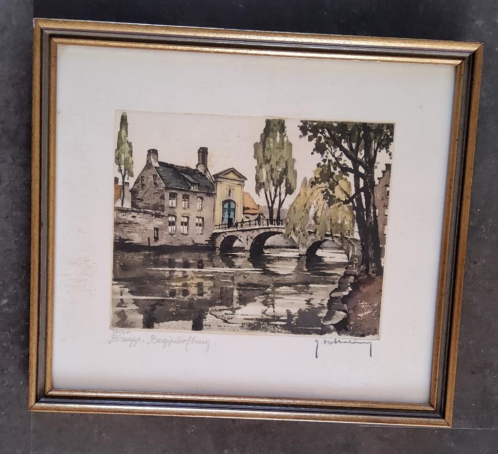 Ets Begijnhofbrug Brugge  221/350 door Roger Hebbelinck, Antiek en Kunst, Architectuur, 1950 - 1999, Ets, Ingelijst