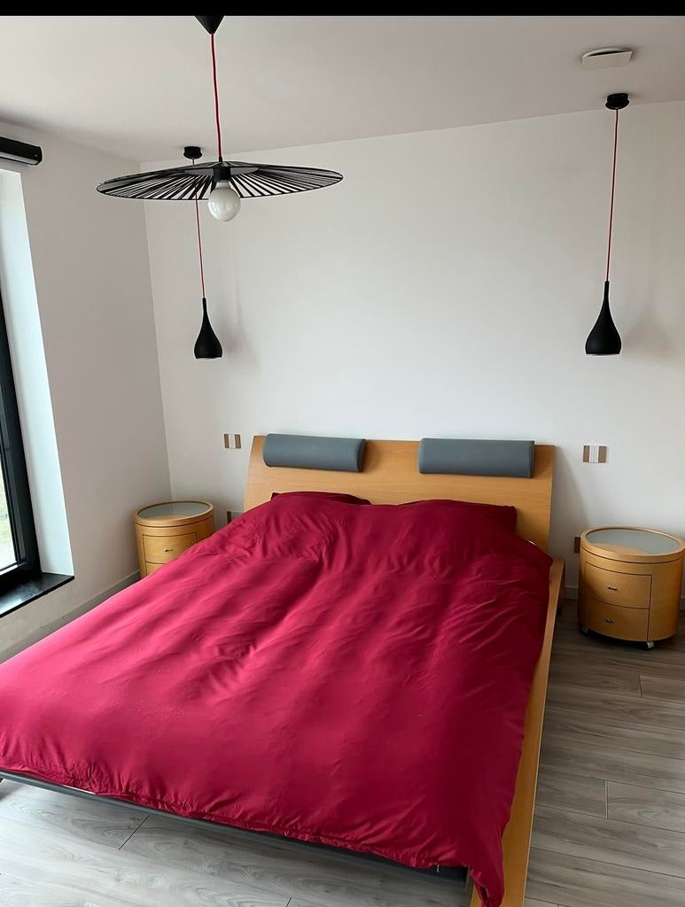 Lit vintage marque HULSTA + 2 tables de nuit + 2 matelas, Maison & Meubles, Enlèvement, Bois