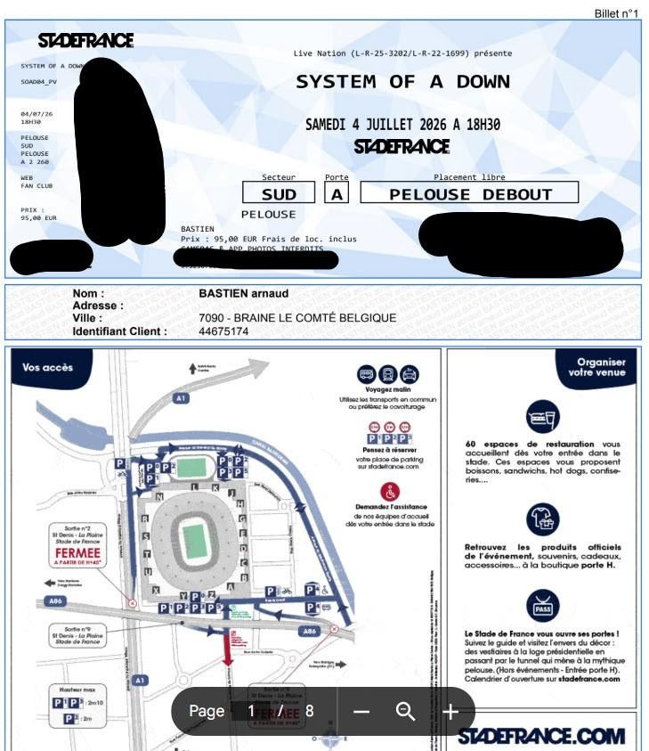 8 billets système of a down stade de fance 4/07, Tickets & Billets, Trois personnes ou plus, Juillet, Hard Rock ou Metal