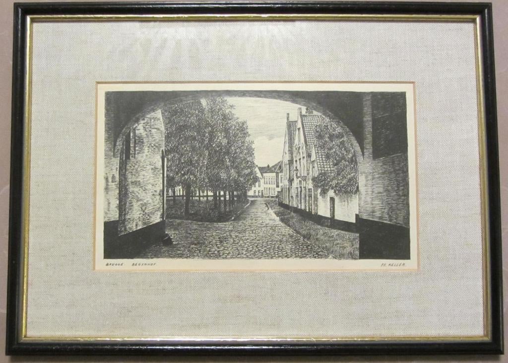 Fr. Keller - pentekening begynhof Brugge., Antiek en Kunst, Kunst | Tekeningen en Fotografie, Ophalen