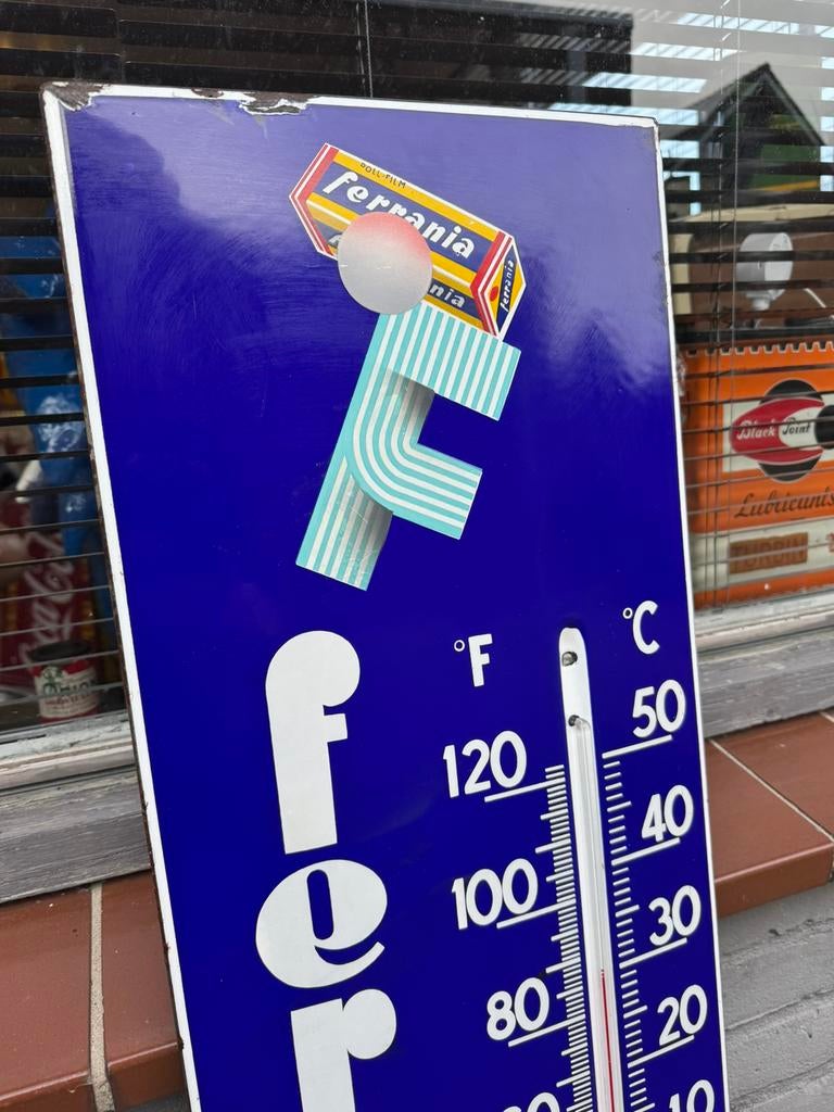 Panneau d'affichage en émail Ferrania - Thermomètre, Collections, Enlèvement ou Envoi, Utilisé, Panneau publicitaire