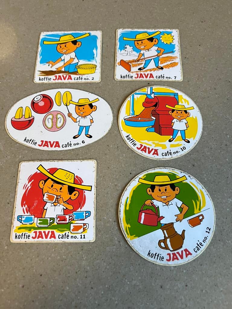 Stickers oude zelfklevers Java koffie jaren 70, Verzamelen, Ophalen of Verzenden, Zo goed als nieuw, Merk