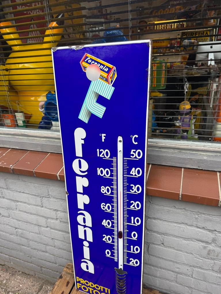 Panneau d'affichage en émail Ferrania - Thermomètre, Collections, Enlèvement ou Envoi, Utilisé, Panneau publicitaire