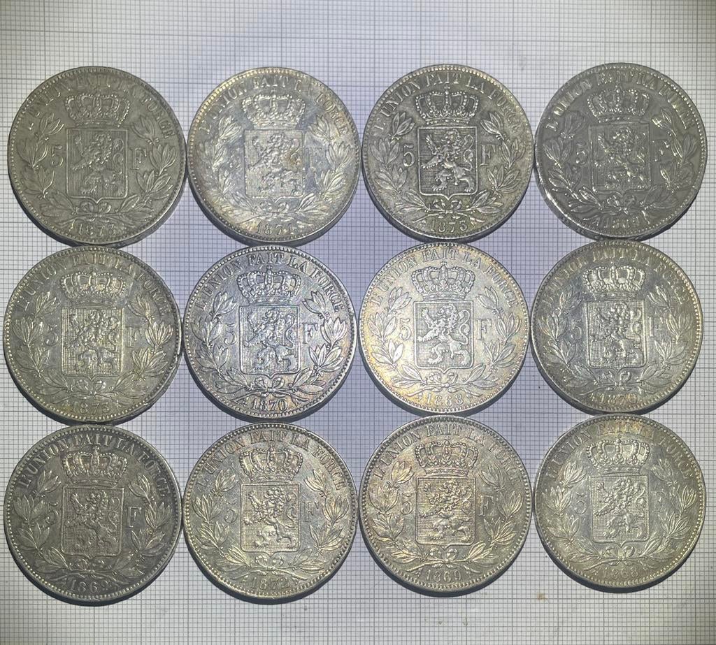 12 stukken 5 frank Leopold II - Zilver, Postzegels en Munten, Bankbiljetten | België, Ophalen of Verzenden