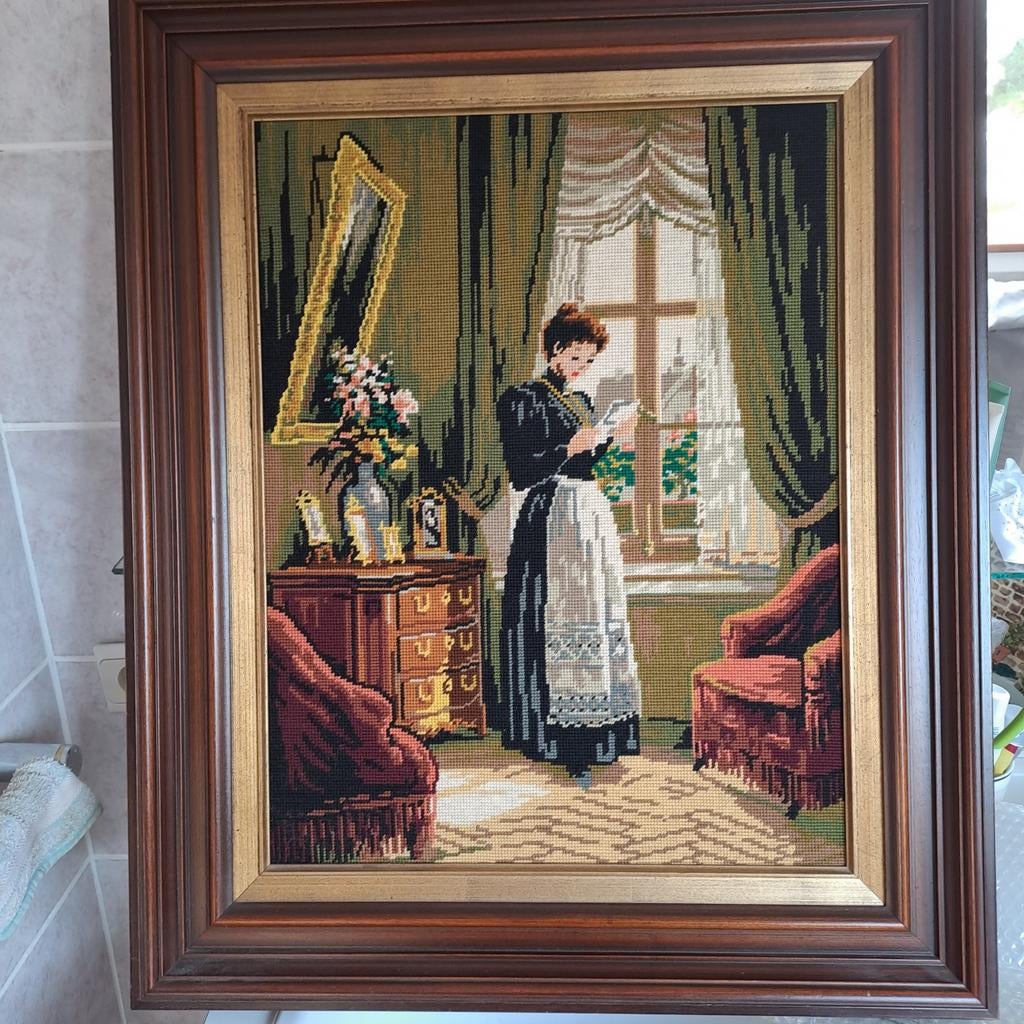 Hand geborduurd doek in wol met houten kader, Ophalen of Verzenden