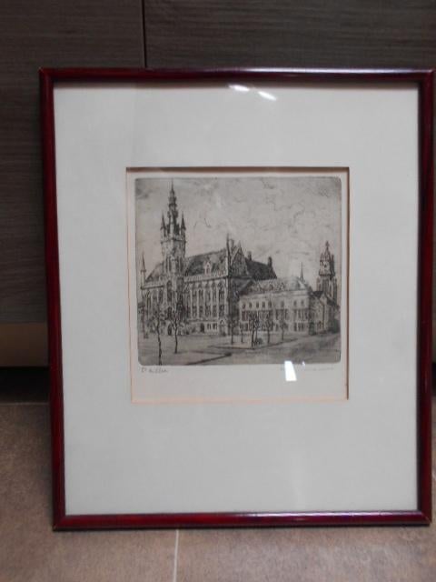 Kader met tekening Sint-Niklaas - Gesigneerd, Antiek en Kunst, Kunst | Tekeningen en Fotografie, Ophalen of Verzenden