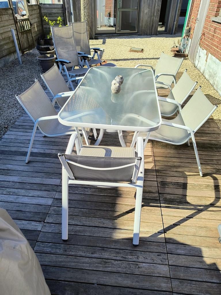 6 chaises empilables+table de jardin, Jardin & Terrasse, Chaise, Salons de jardin, Aluminium, Enlèvement