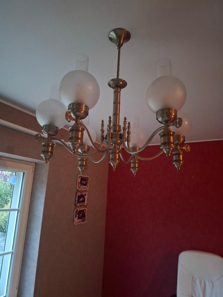 lustre en étain 6 branches avec leur globe, Enlèvement, Comme neuf, Autres matériaux, Année 1960 moderne