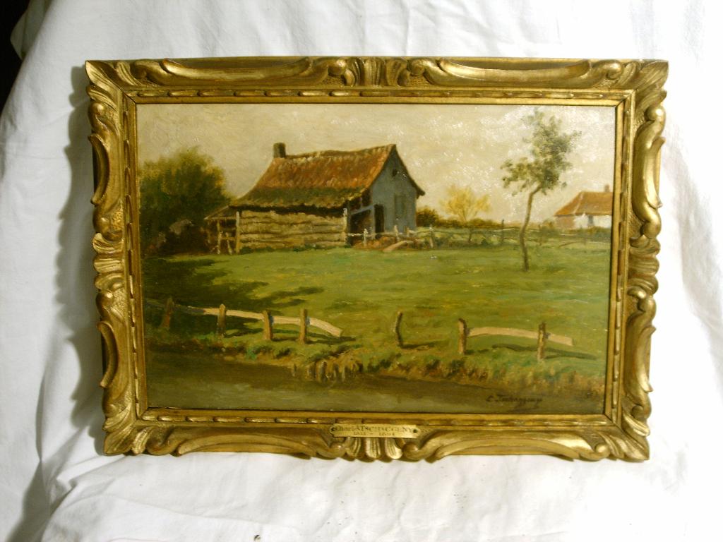 Schilderij van schuur in weiland van Charles Tschaggeny., Ophalen of Verzenden