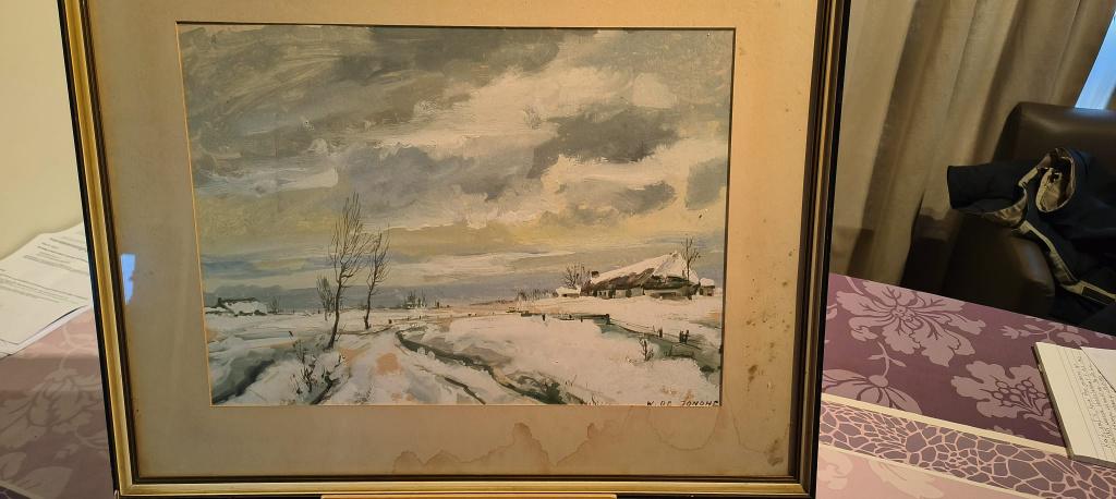 Aquarel van schilder W. De Jonghe van een "Winterlandschap", Ophalen
