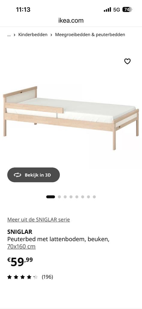 SNIGLAR Peuterbed met lattenbodem beuken, matras, Nieuw, 70 tot 85 cm, 140 tot 160 cm, Ophalen