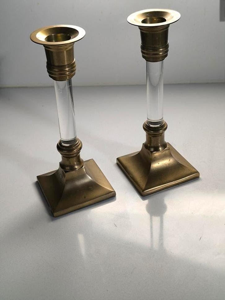 Duo messing kandelaars met transparant tussenstuk, Ophalen of Verzenden
