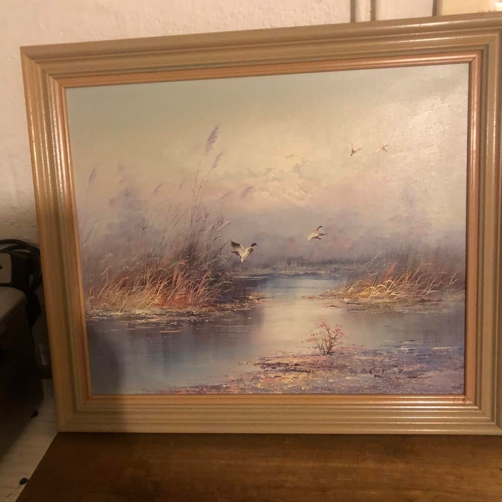 Schilderij met vredig landschap en vliegende vogels, Ophalen, 50 tot 75 cm, Zo goed als nieuw, 50 tot 75 cm
