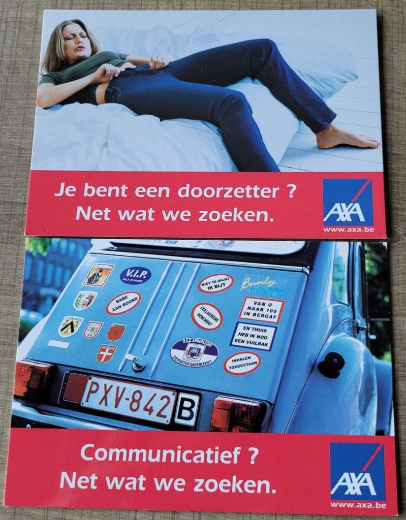 2 Reclamekaarten/ postkaarten: Axa, Collections, Enlèvement ou Envoi, Comme neuf, Autres types