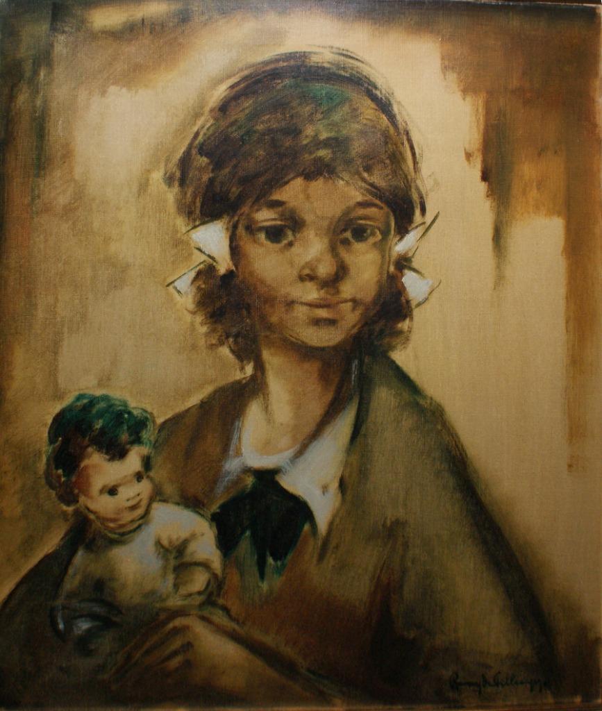 Remy De Pillecyn (1920-1986): Meisje met pop (O/D, 65x70cm), Ophalen of Verzenden