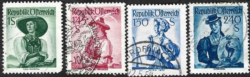 4 Postzegels Klederdrachten Oostenrijk 1951, Ophalen of Verzenden, Gestempeld
