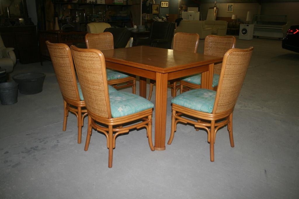 Eettafel + 6 Rotan stoelen in perfecte staat, Huis en Inrichting, Stoelen, Ophalen, Gebruikt, Bruin, Vijf, Zes of meer stoelen