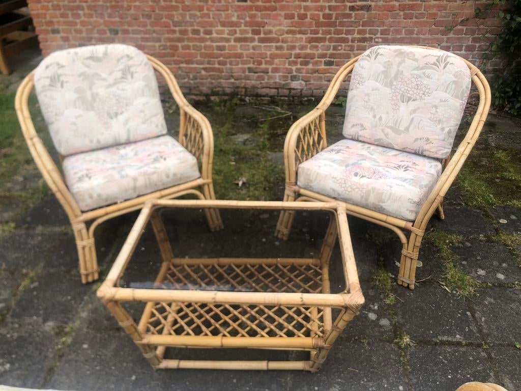 Rotan set zetels, 2x enkel, 1x dubbel, salontafel, Ophalen, Gebruikt, Rotan