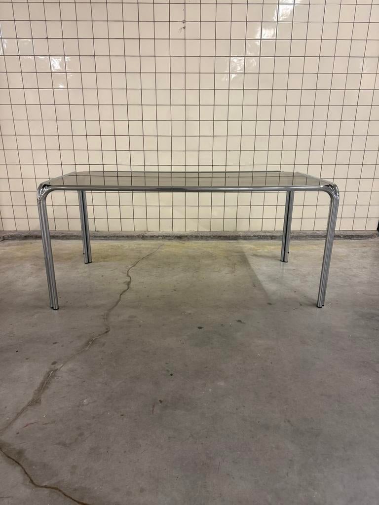 Table a manger en chrome et verre fume, 150 à 200 cm, Cinq personnes ou plus, Vintage, Enlèvement