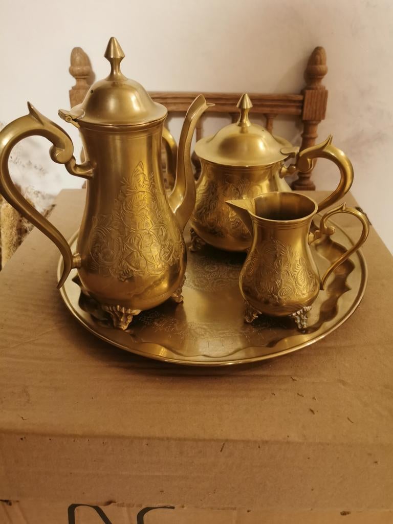 Heel oude koperen  teekan en koffiekan set, Ophalen of Verzenden