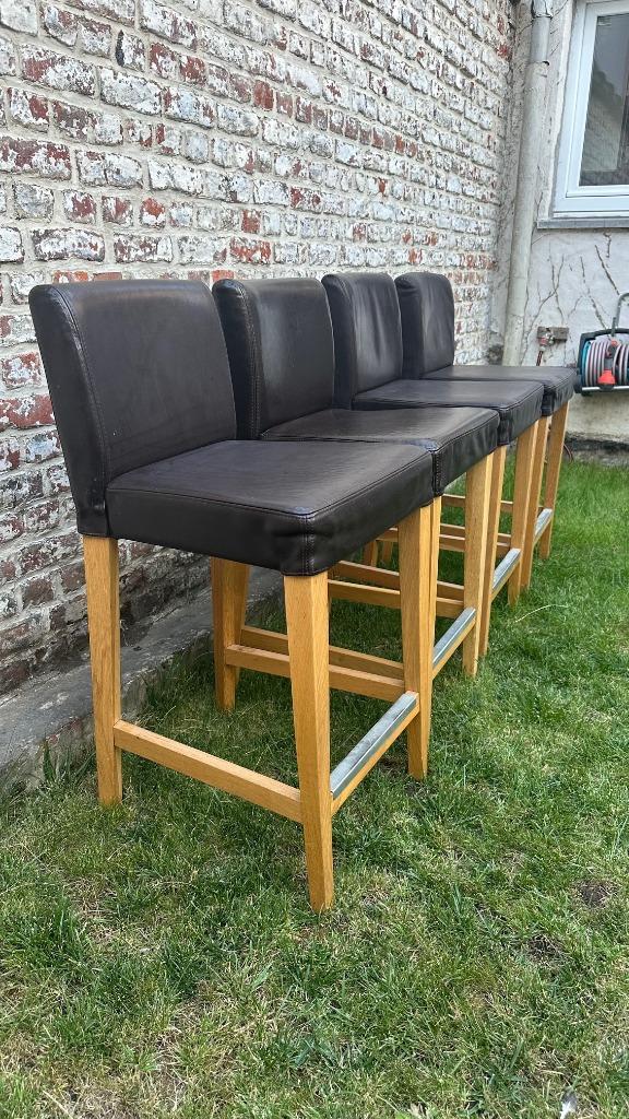 IKEA tabourets de bar en chêne et cuir brun, 4 tabourets, Enlèvement, Utilisé, 60 à 90 cm