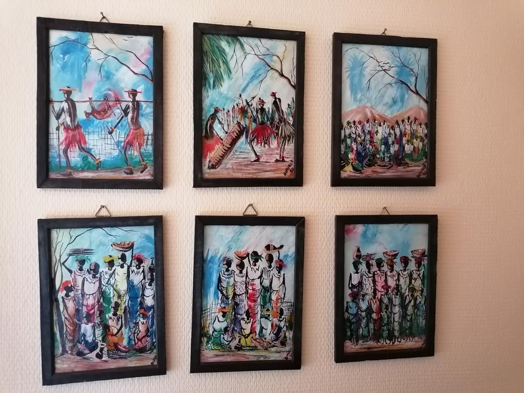 Set van 6 handgeschilderde Congolese Afrikaanse schilderijen, Antiek en Kunst, Ophalen