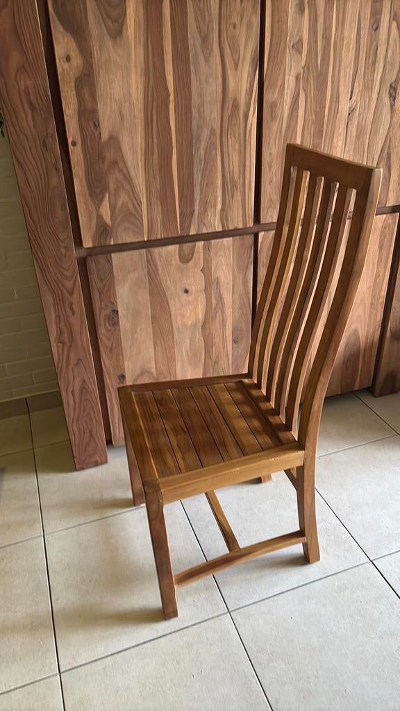 6 stoelen hard hout ( teak), Huis en Inrichting, Stoelen, Ophalen, Gebruikt, Hout