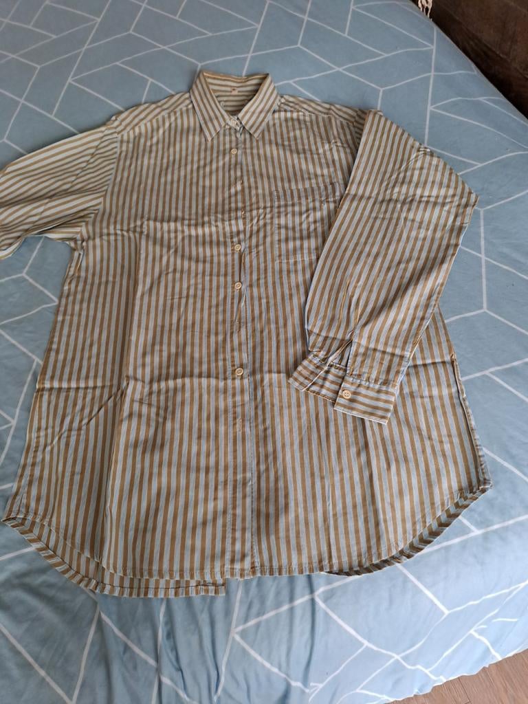 Zeer mooie bloes met strepen, turquoise  met kakikleurig, sp, Kleding | Dames, Blouses en Tunieken, Ophalen of Verzenden