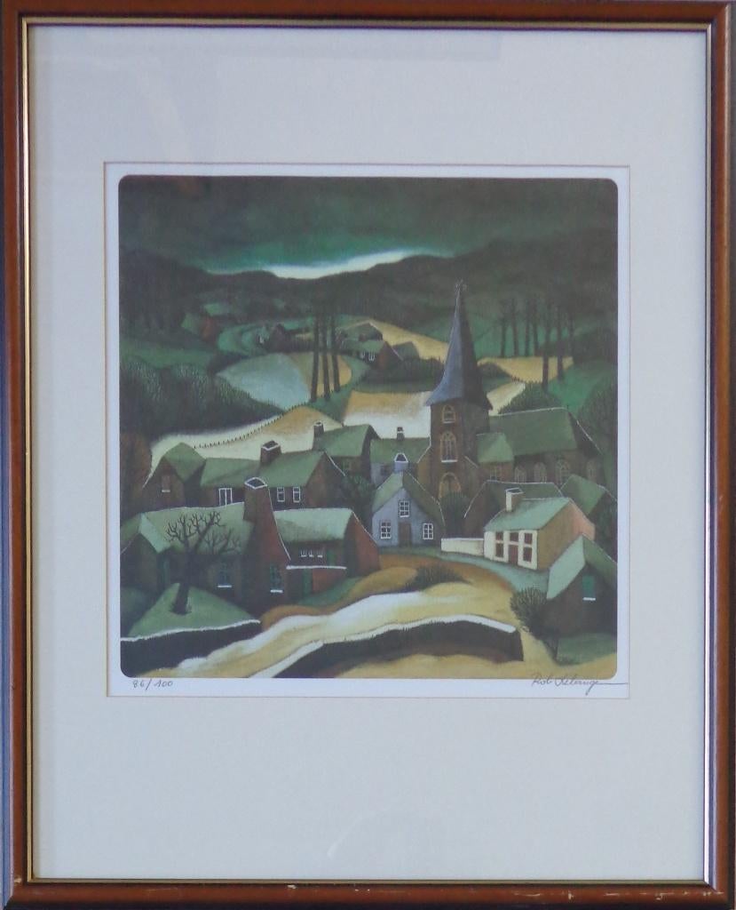 ROB DELANGE / SNEEUW CONTRASTEN / KLEURLITHO 69x56cm KADER, Ophalen of Verzenden