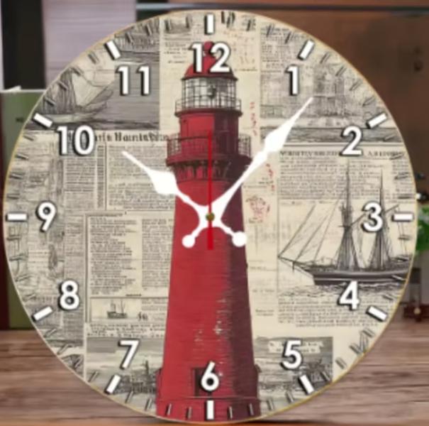 Ronde wandklok van hout Rode Vuurtoren (25cm), Ophalen of Verzenden, Nieuw, Wandklok