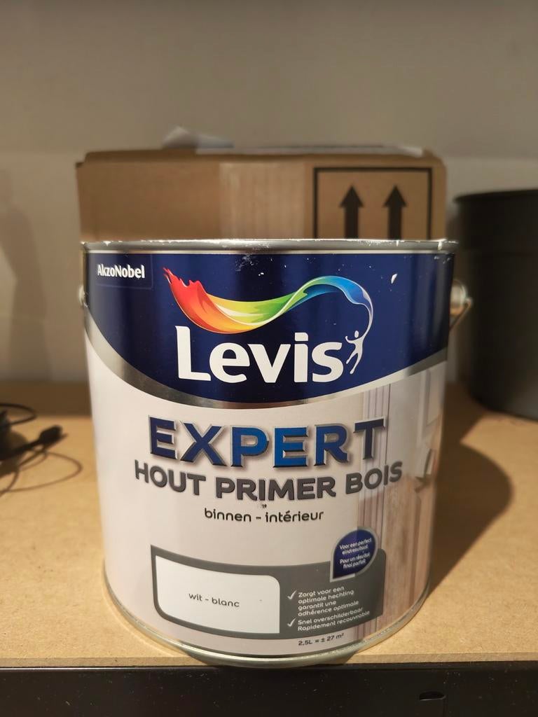 Nieuw! Levis expert hout primer binnen wit 2,5l ongeopend, Ophalen, Wit, Nieuw, Verf