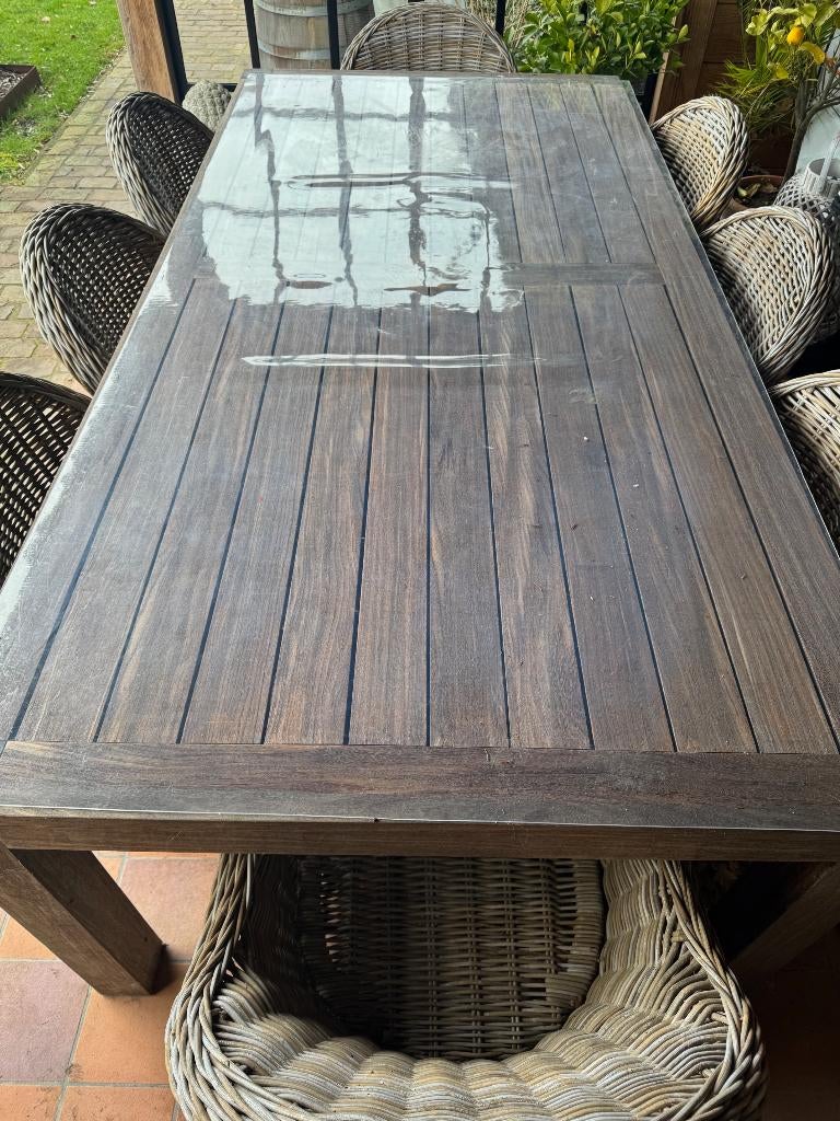 Robuuste Tuintafel + 8x Rotan Diningstoel, Ophalen, Gebruikt, Rechthoekig