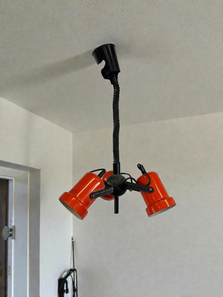 vintage oranje luster met 3 spots / hanglamp, Huis en Inrichting, Lampen | Plafondlampen, Gebruikt, Ophalen of Verzenden