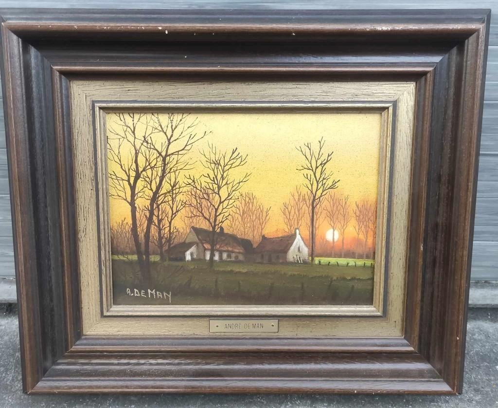 huile sur toile coucher de soleil signe andre de man, Antiek en Kunst, Kunst | Schilderijen | Klassiek, Ophalen of Verzenden