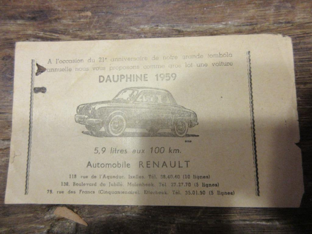Ancien billet tombola 13.07.1959 Renault Dauphine vintage, Enlèvement