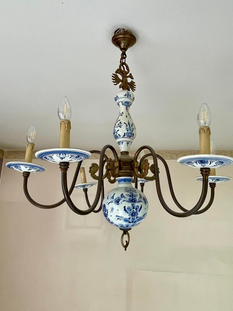 Kroonluchter Delft/porselein - koper, Huis en Inrichting, Lampen | Kroonluchters, Ophalen, Gebruikt, Overige materialen, Delft