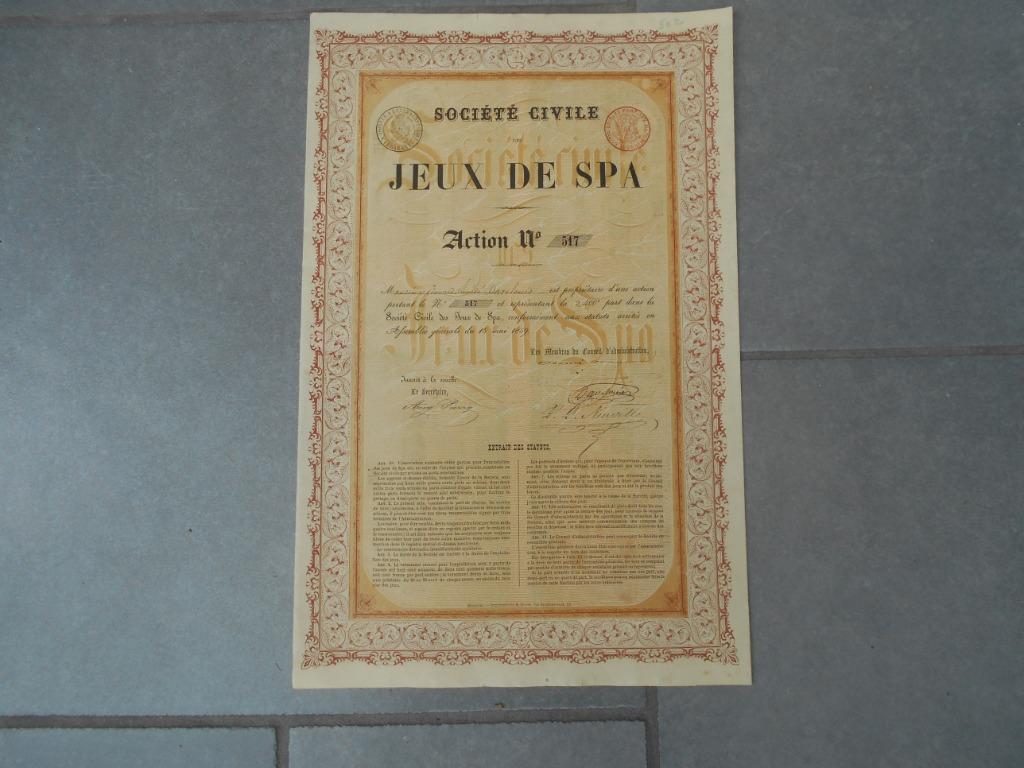 ancienne action titre  Jeux de Spa 1859, Antiquités & Art, Curiosités & Brocante, Enlèvement ou Envoi
