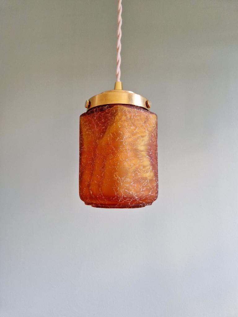 Suspension Art Déco en verre craquelé ambre, 1920-30, Enlèvement ou Envoi
