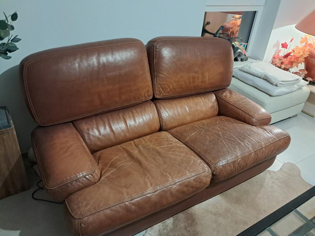 Divan 2, 3 places, cuir couleur roux, Maison & Meubles, Enlèvement, Cuir