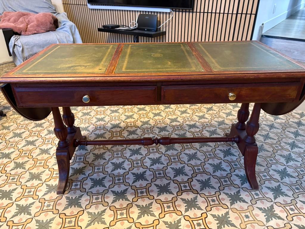 Vintage Engelse salontafel goud leer en massief mahonie, Huis en Inrichting, Ophalen, Gebruikt, 100 tot 150 cm, 50 tot 75 cm