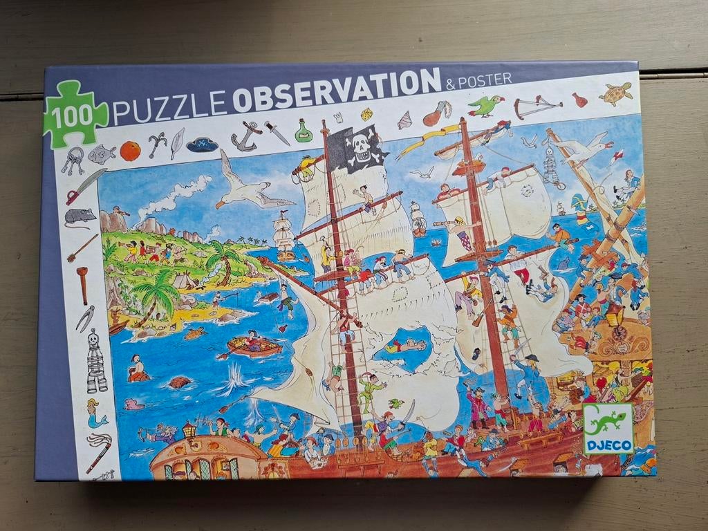 Djeco puzzel piraten  met poster 100 stuks, Ophalen of Verzenden, Zo goed als nieuw