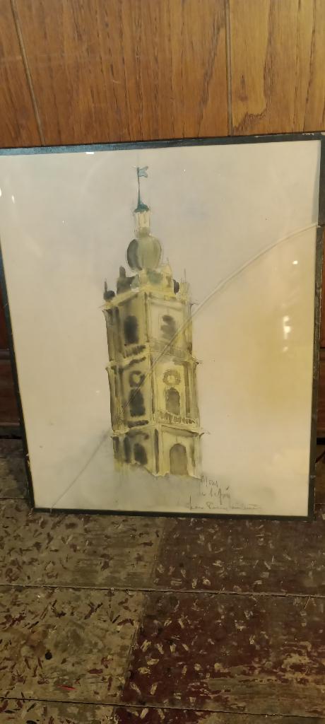 Peinture aquarelle signée Beffroi de Mons, 28x34, n258, Enlèvement ou Envoi