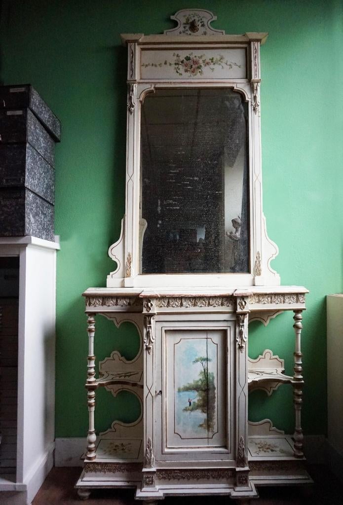 Oude houten beschilderde hal tafel met spiegel, Antiquités & Art, Enlèvement