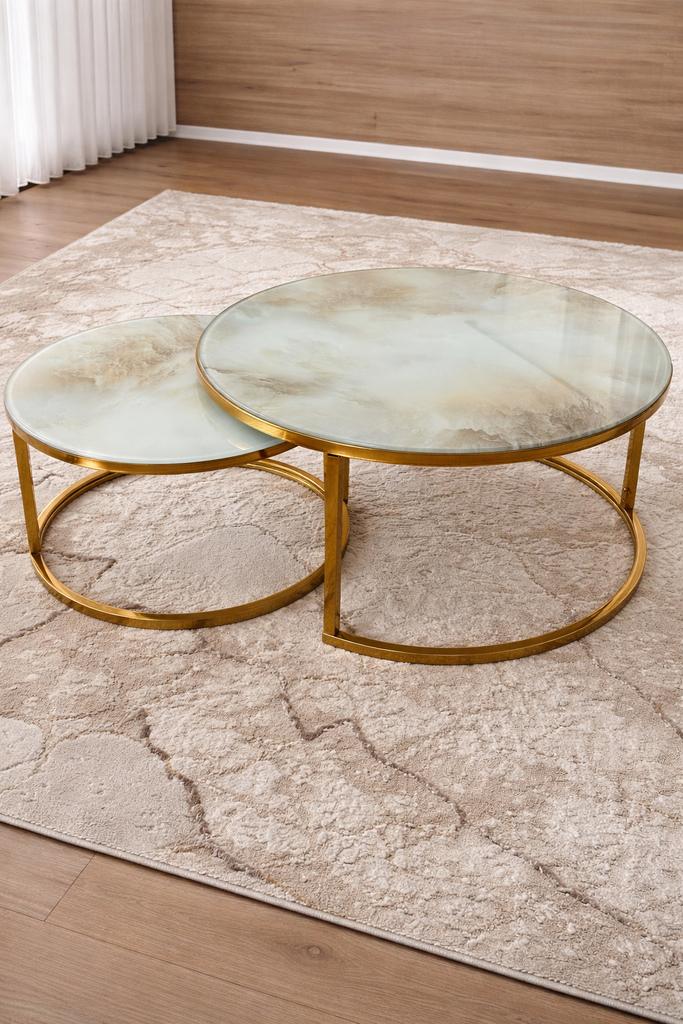 Luxe set ronde salontafels marmerlook & goud (2 stuks), Huis en Inrichting, Ophalen, Zo goed als nieuw, Glas