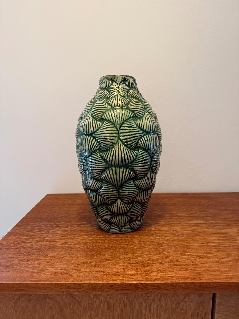 Vase céramique émaillée vert relief / texturé, Enlèvement, Comme neuf, Vert, Moins de 50 cm