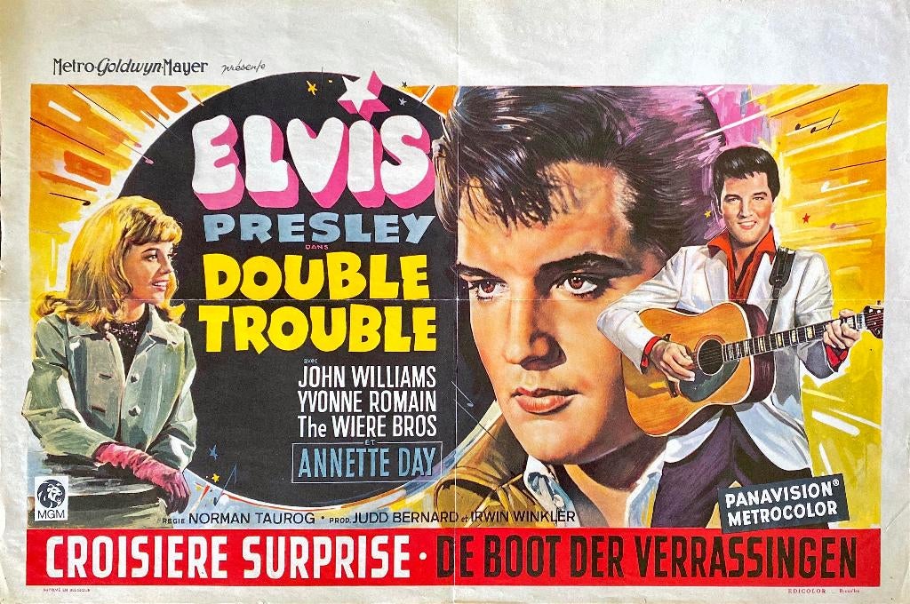 Belgische poster van „Double Trouble” met Elvis Presley., Gebruikt, Rechthoekig Liggend, Ophalen of Verzenden, A1 t/m A3