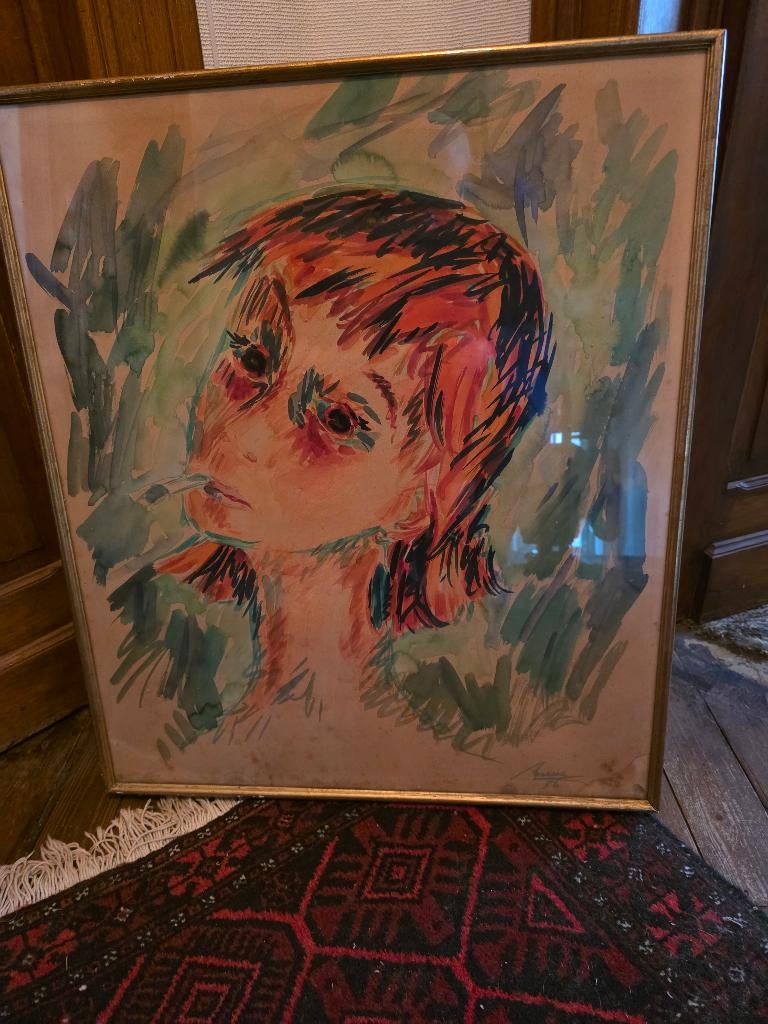 BARRAS A. - Aquarel: „FILLE ROUSSE” (1956), Antiek en Kunst, Kunst | Schilderijen | Modern, Ophalen
